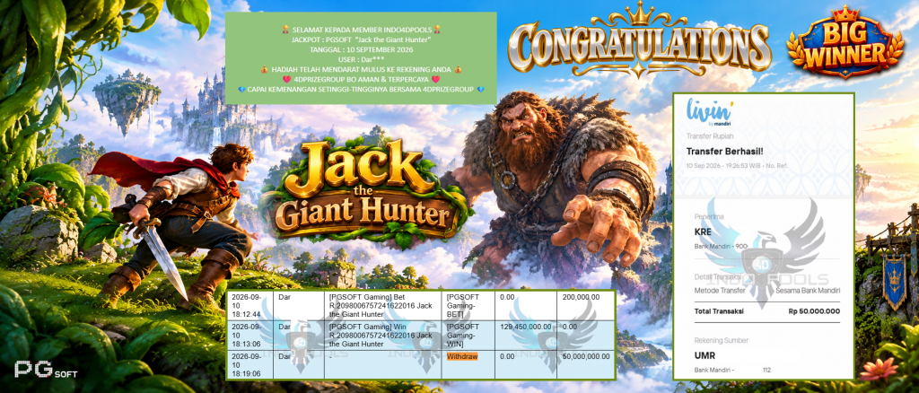 INDO4DPOOLS JACKPOT PGSOFT “Jack the Giant Hunter” Rp50.000.000,- LUNAS