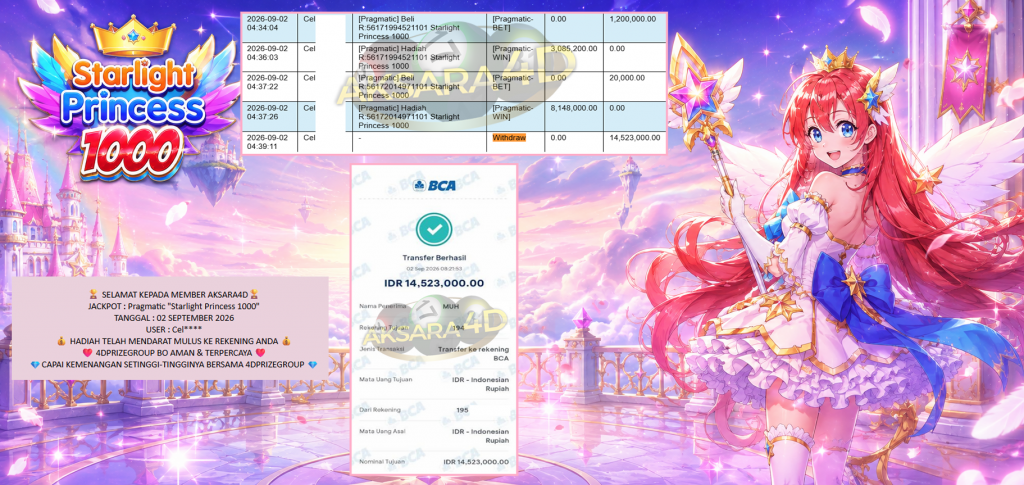 AKSARA4D JACKPOT PRAGMATIC “Starlight Princess 1000″‎‏‏‎‎ Rp14.523.000,- LUNAS