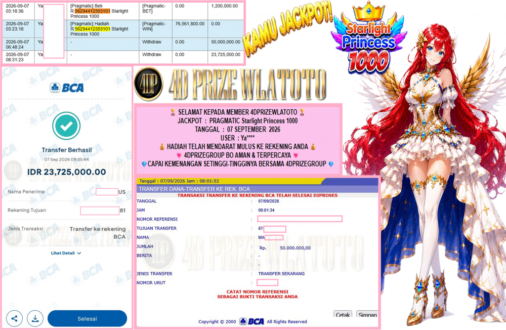 4DPRIZEWLATOTO JACKPOT PRAGMATIC “Starlight Princess 1000″ Rp73.725.000,- LUNAS