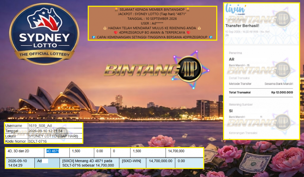 BINTANG4DP JACKPOT : SYDNEY LOTTO (Tiap hari) “4871” Rp12.00.000,- LUNAS