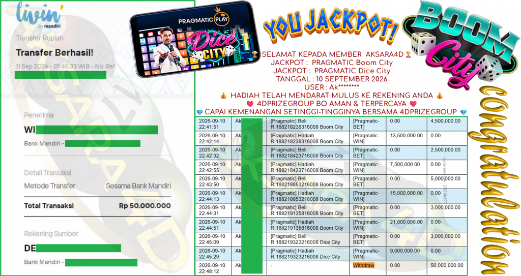 AKSARA4D JACKPOT PRAGMATIC ” Boom City ” Dice City ” Rp 50,000,000,- LUNAS