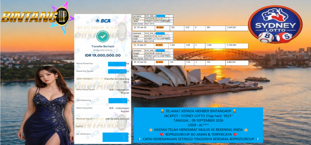 BINTANG4DP JACKPOT TOGEL SYDNEY LOTTO (Tiap hari) “6521” Rp 19.000.000,- LUNAS