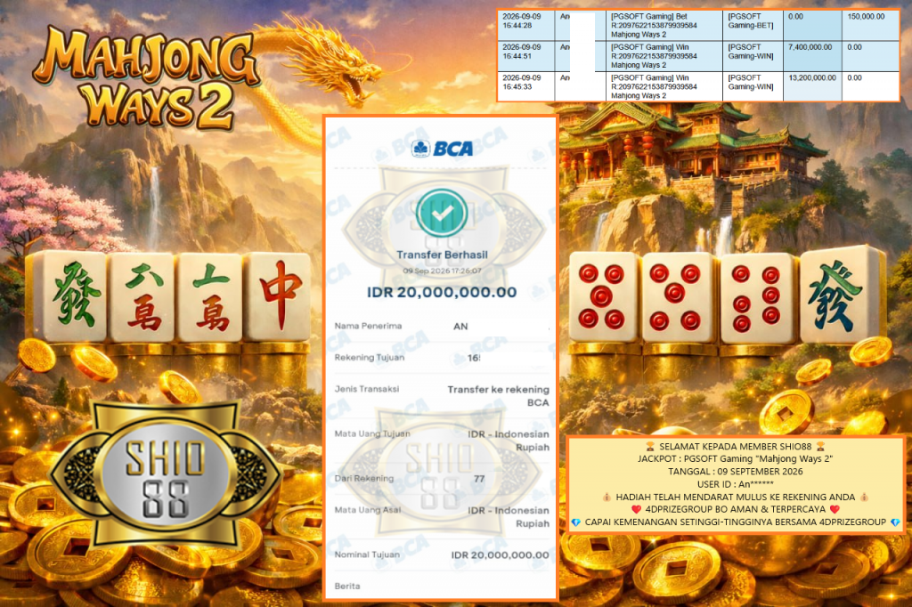 SHIO4DP JACKPOT PGSOFT Gaming “Mahjong Ways 2” Rp.20.000.000,-LUNAS