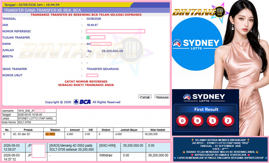 BINTANG4DP JACKPOT SYDNEY LOTTO (TIAP HARI) “0952” Rp39.200.000,- LUNAS