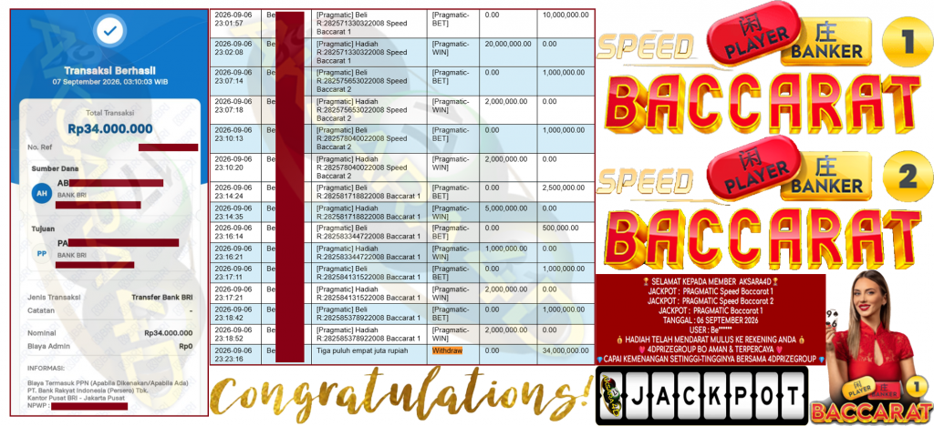 AKSARA4D JACKPOT PRAGMATIC ” Speed Baccarat 1 ” Speed Baccarat 2 ” Baccarat 1 ” Rp 34,000,000,- LUNAS