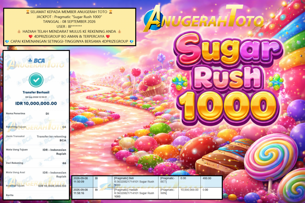 ANUGERAHTOTO JACKPOT Pragmatic “Sugar Rush 1000” Rp 10.000.000,- LUNAS