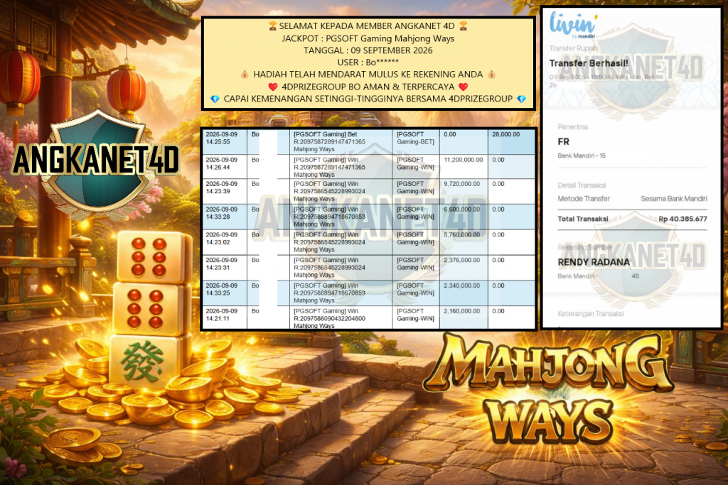 ANGKANET4D JACKPOT : PGSOFT Gaming Mahjong Ways Rp40.385.677,- LUNAS