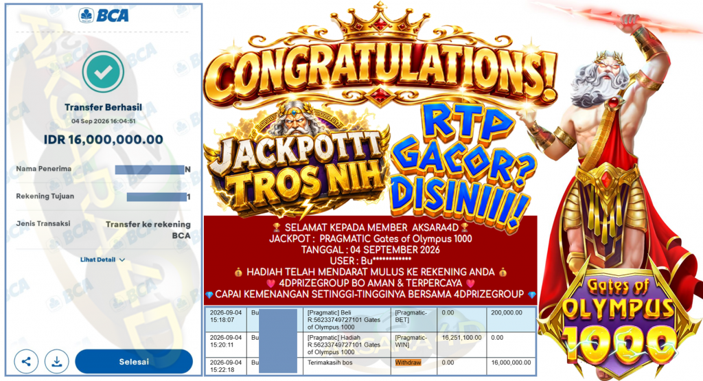 AKSARA4D JACKPOT PRAGMATIC ” Gates of Olympus 1000 ” Rp 16,000,000,- LUNAS