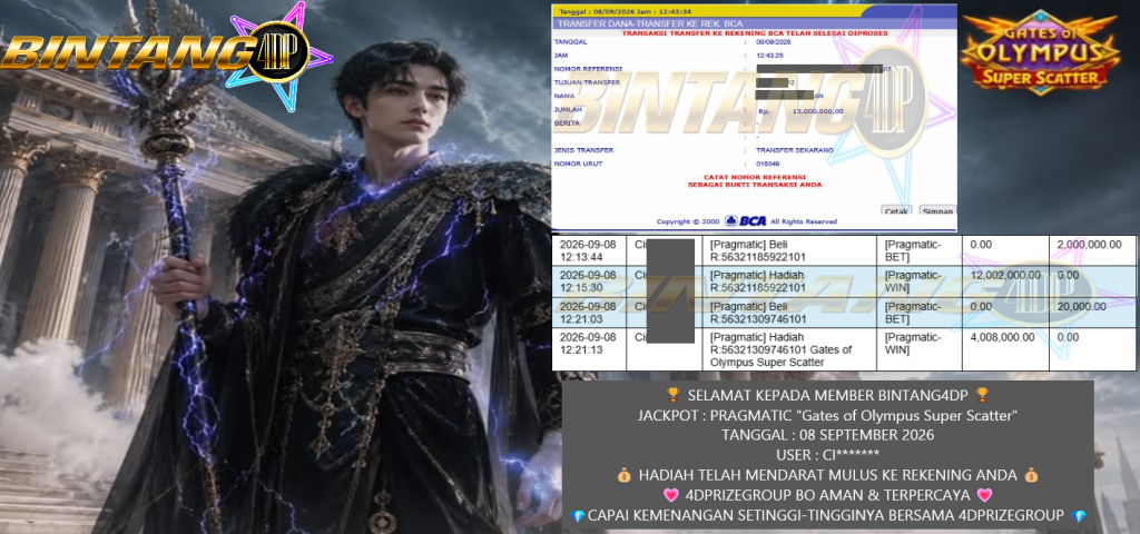 BINTANG4DP JACKPOT PRAGMATIC “Gates of Olympus Super Scatter” Rp.13.000.000,-LUNAS