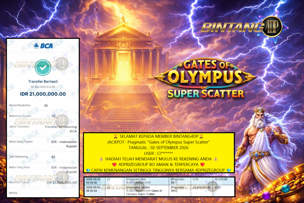 BINTANG4DP JACKPOT : PRAGMATIC SLOT “Gates of Olympus”‎‏‏‎‎ Rp21.000.000,- LUNAS