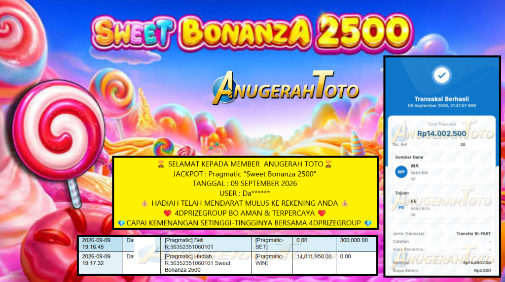ANUGERAHTOTO JACKPOT Pragmatic “Sweet Bonanza 2500” Rp 14.000.000,- LUNAS