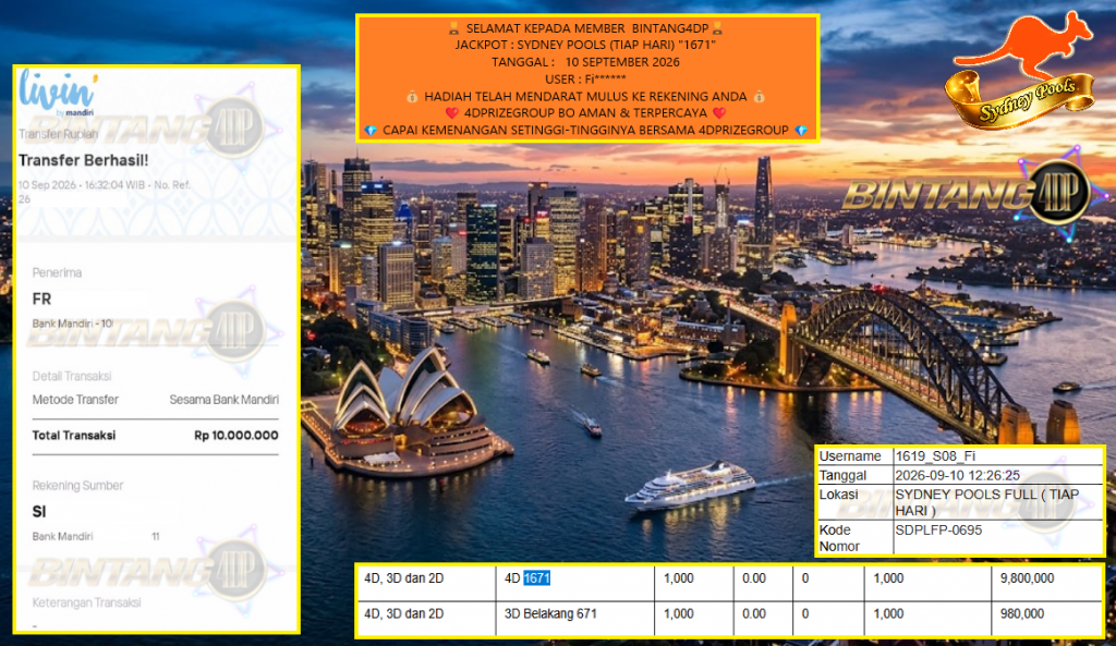 BINTANG4DP JACKPOT SYDNEY POOLS (TIAP HARI) “1671” Rp10.000.000,- LUNAS
