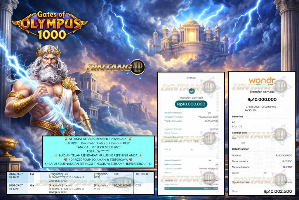 BINTANG4DP JACKPOT Pragmatic “Gates of Olympus 1000” Rp20.000.000,- LUNAS