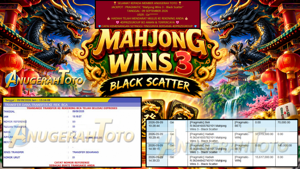 ANUGERAHTOTO JACKPOT PRAGMATIC “Mahjong Wins 3 – Black Scatter” Rp 50.000.000,- LUNAS