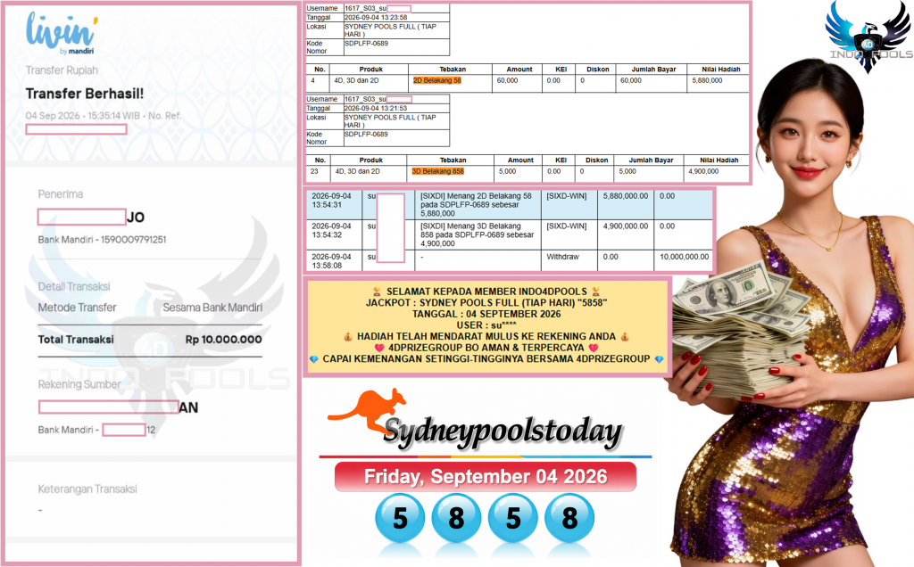 INDO4DPOOLS JACKPOT SYDNEY POOLS FULL (TIAP HARI) “5858”‎‏‏‎ Rp10.000.000,- LUNAS
