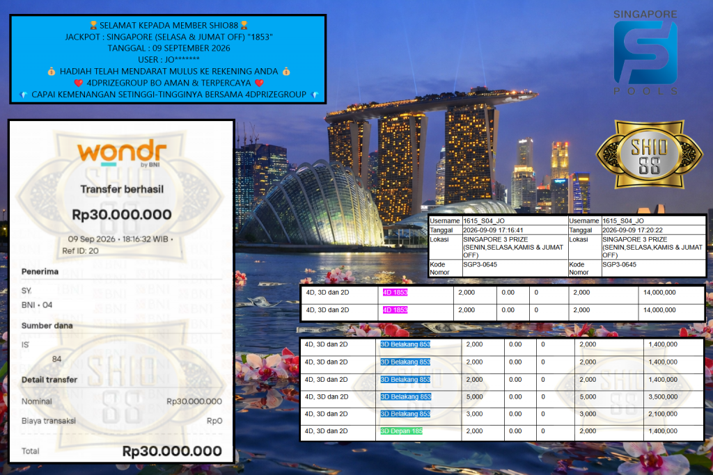 SHIO4DP JACKPOT SINGAPORE (SELASA & JUMAT OFF) “1853” Rp.30.000.000,-LUNAS