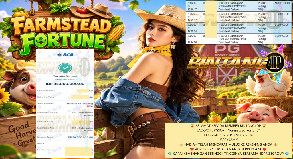BINTANG4DP JACKPOT PGSOFT “Farmstead Fortune” Rp 34.000.000,- LUNAS
