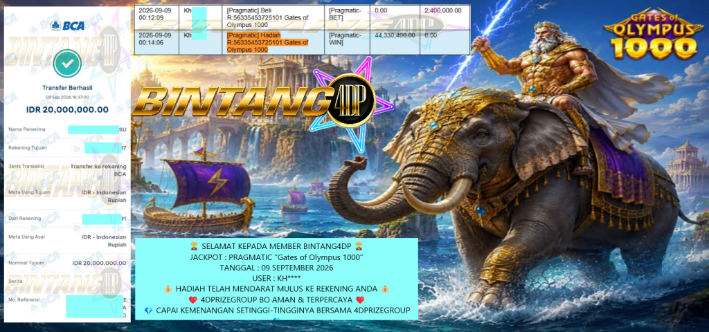 BINTANG4DP JACKPOT PRAGMATIC “Gates of Olympus 1000” Rp 20.000.000,- LUNAS