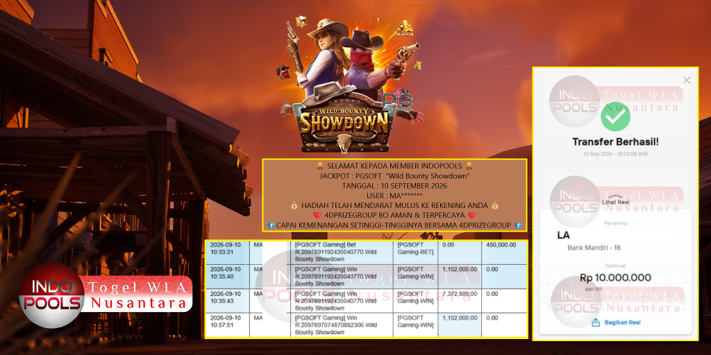 INDOPOOLS JACKPOT PGSOFT “Wild Bounty Showdown” Rp 10.000.000,- LUNAS