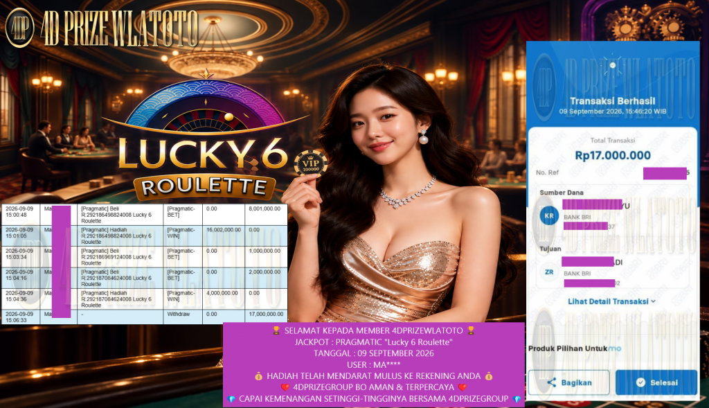 4DPRIZEWLATOTO JACKPOT PRAGMATIC “Lucky 6 Roulette” Rp 17.000.000,- LUNAS