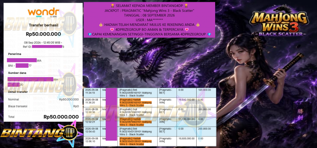 BINTANG4DP JACKPOT PRAGMATIC “Mahjong Wins 3 – Black Scatter” Rp.50.000.000,-LUNAS