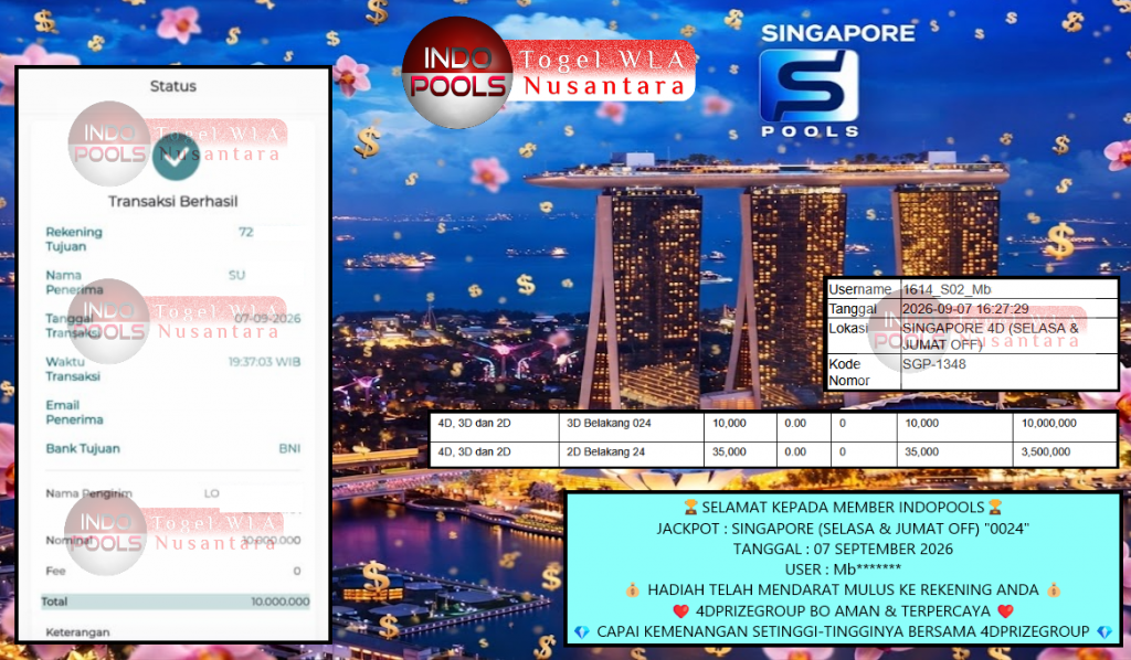 INDOPOOLS JACKPOT SINGAPORE (SELASA & JUMAT OFF) “0024” Rp 10.900.000,- LUNAS