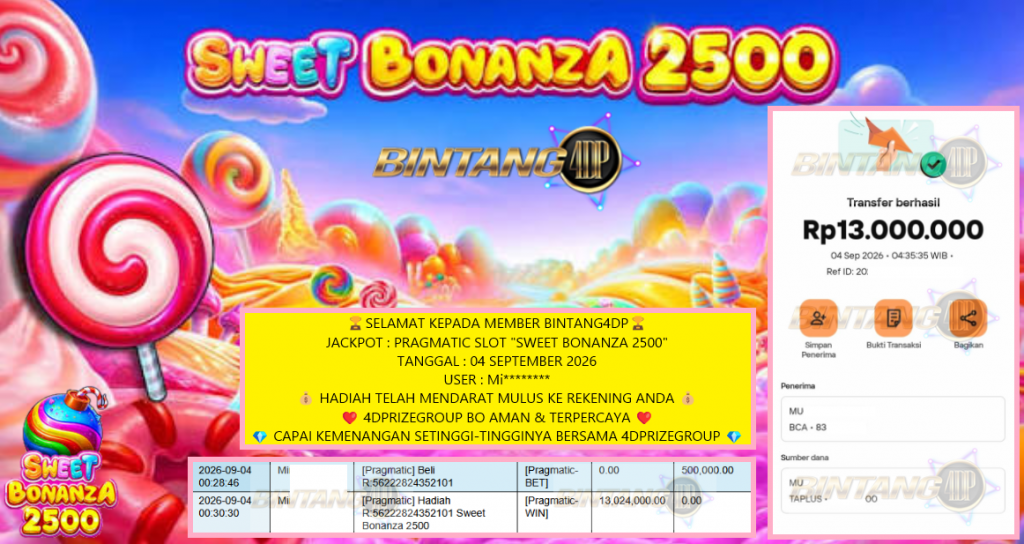 BINTANG4DP JACKPOT PRAGMATIC SLOT “SWEET BONANZA 2500″‎‏‏‎‎ Rp13.000.000,- LUNAS