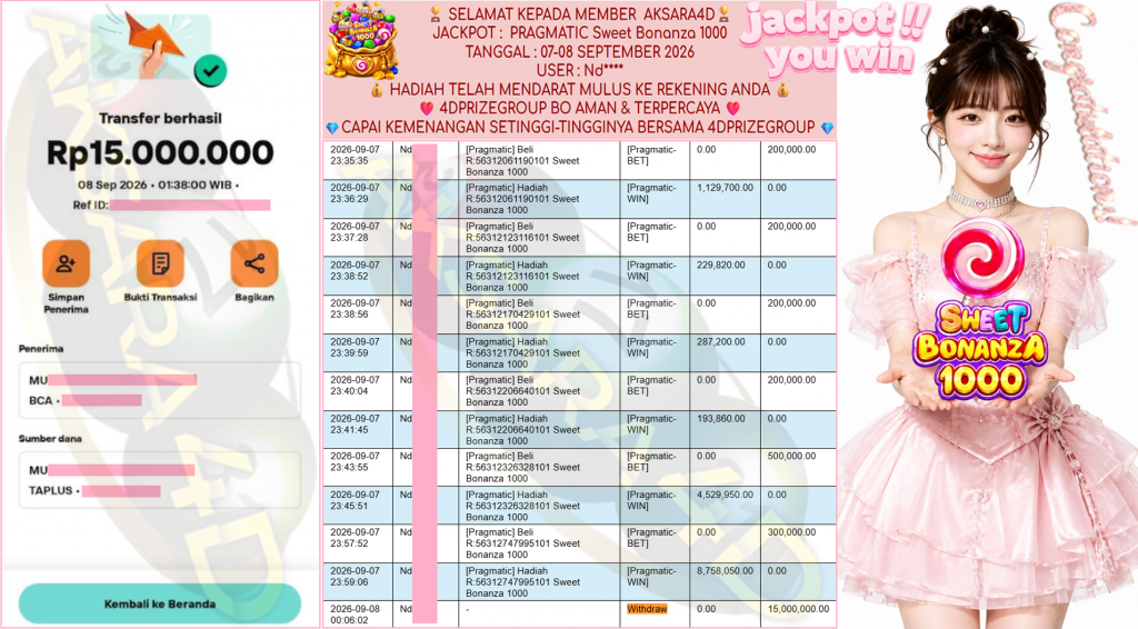 AKSARA4D JACKPOT PRAGMATIC ” Sweet Bonanza 1000 ” Rp 15,000,000,- LUNAS