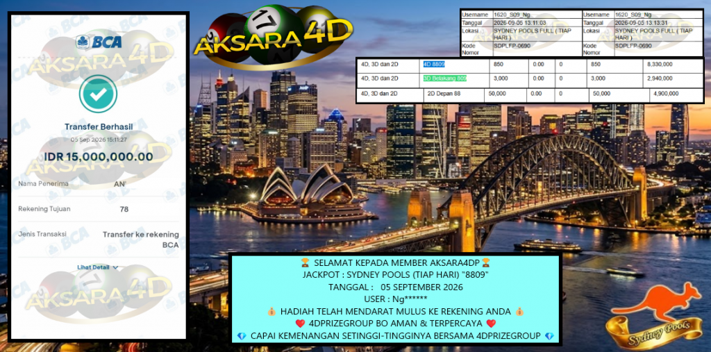 AKSARA4D JACKPOT : SYDNEY POOLS (TIAP HARI) “8809” Rp15.000.000,- LUNAS