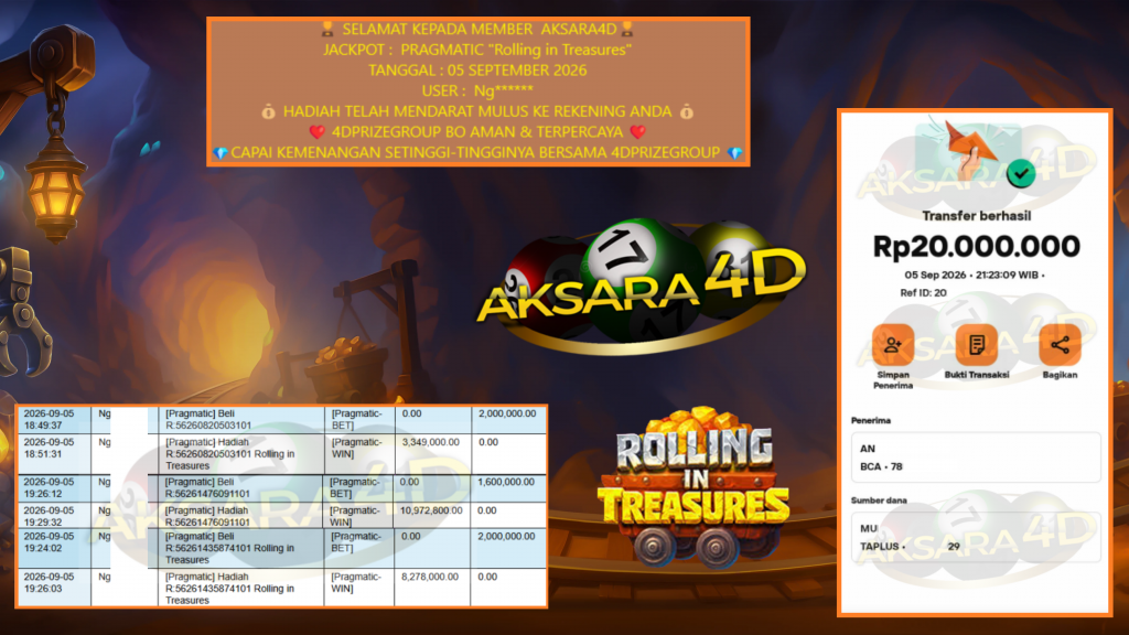 AKSARA4D JACKPOT PRAGMATIC “Rolling in Treasures” Rp20.000.000,- LUNAS