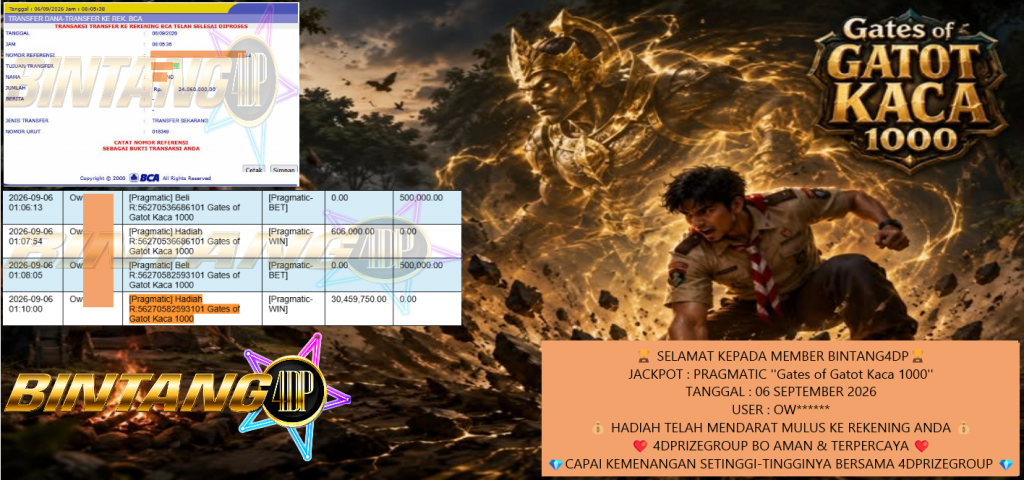 BINTANG4DP JACKPOT PRAGMATIC ”Gates of Gatot Kaca 1000” Rp24.050.000,- LUNAS