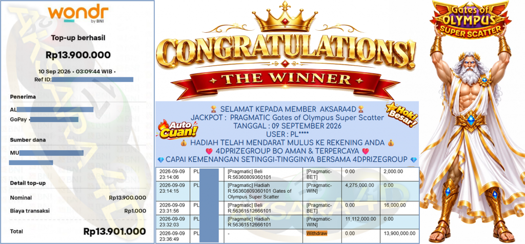 AKSARA4D JACKPOT PRAGMATIC ” Gates of Olympus Super Scatter ” Rp 13,900,000,- LUNAS