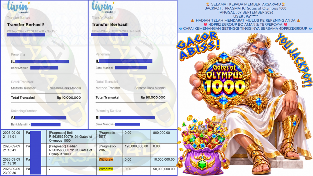 AKSARA4D JACKPOT PRAGMATIC ” Gates of Olympus 1000 ” Rp 110,000,000.00,- LUNAS