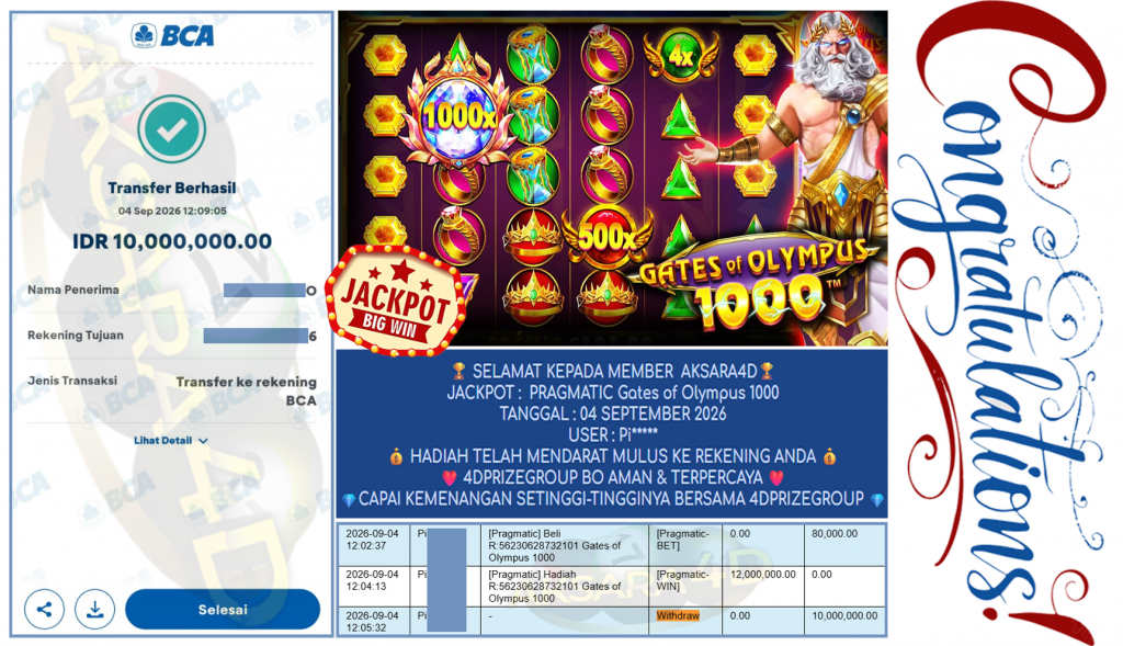 AKSARA4D JACKPOT PRAGMATIC ” Gates of Olympus 1000 ” Rp 10,000,000,- LUNAS