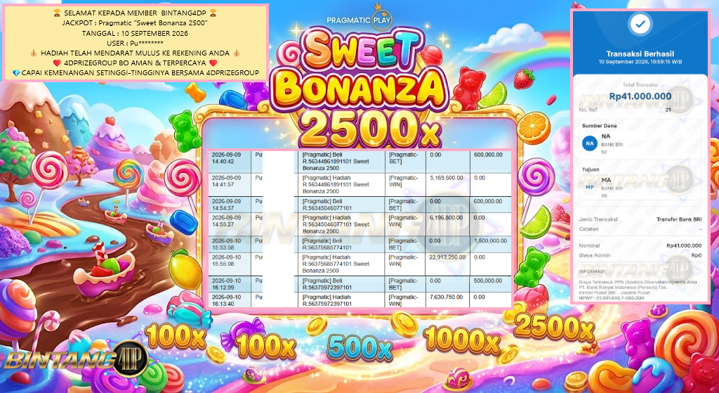 BINTANG4DP JACKPOT Pragmatic “Sweet Bonanza 2500” Rp41.000.000,- LUNAS