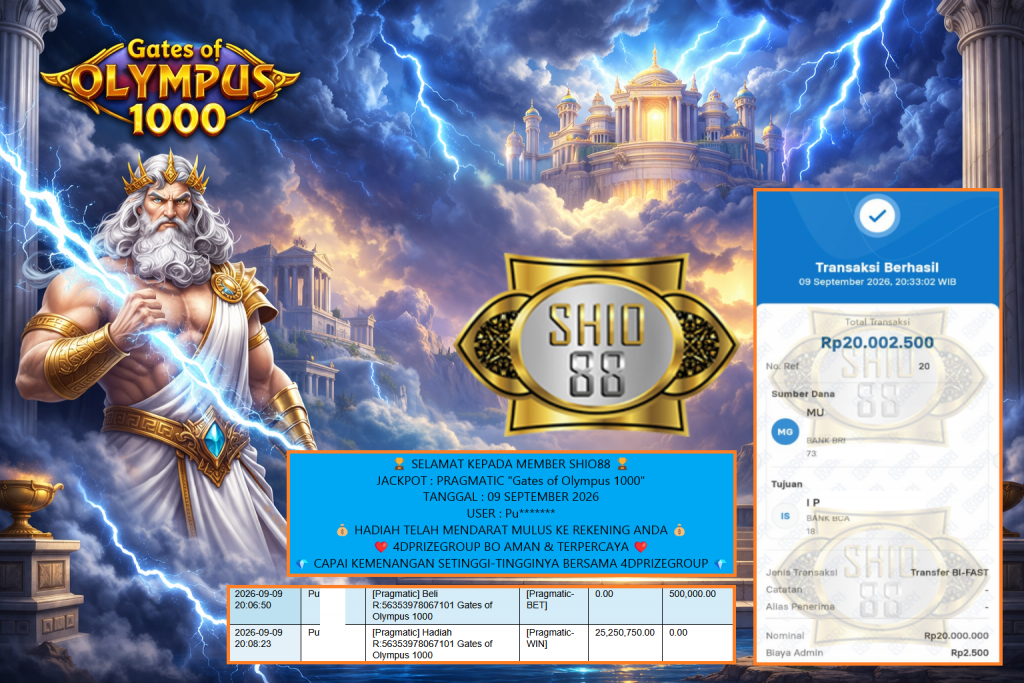 SHIO88 JACKPOT PRAGMATIC “Gates of Olympus 1000” Rp 20.000.000,- LUNAS