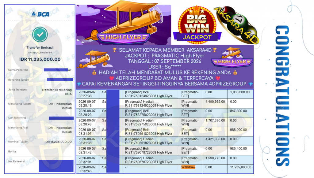AKSARA4D JACKPOT PRAGMATIC ” High Flyer ” Rp 11,235,000,- LUNAS