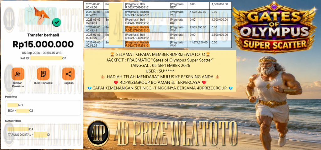 4DPRIZEWLATOTO JACKPOT PRAGMATIC “Gates of Olympus Super Scatter” Rp 15.000.000,- LUNAS