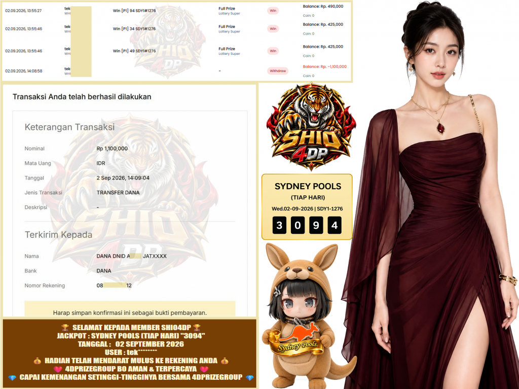 SHIO4DP JACKPOT SYDNEY POOLS (TIAP HARI) “3094” Rp.1.100.000 ,- LUNAS