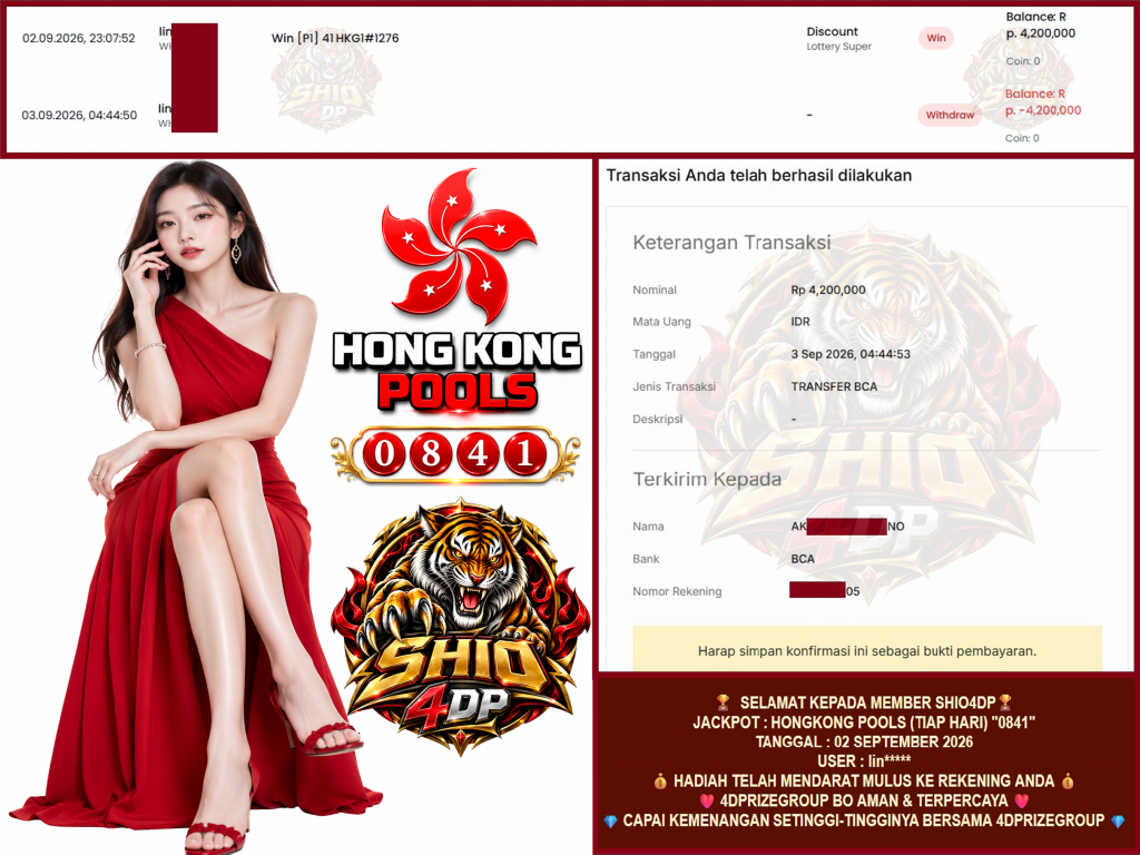 SHIO4DP JACKPOT HONGKONG POOLS (TIAP HARI) “0841” Rp.4.200.000 ,- LUNAS