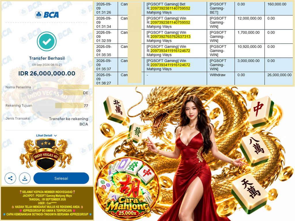 INDOVEGAS4D JACKPOT PGSOFT Gaming “Mahjong Ways” Rp.26.000.000,-LUNAS