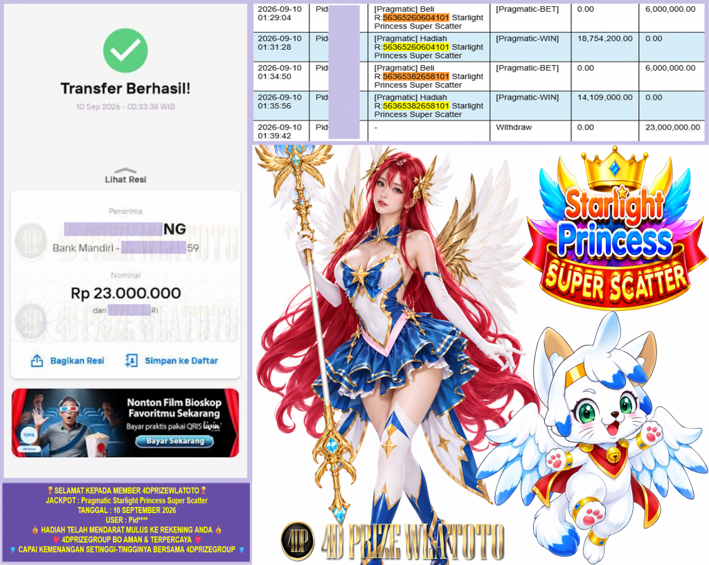 4DPRIZEWLATOTO JACKPOT PRAGMATIC “Starlight Princess Super Scatter” Rp.23.000.000,-LUNAS
