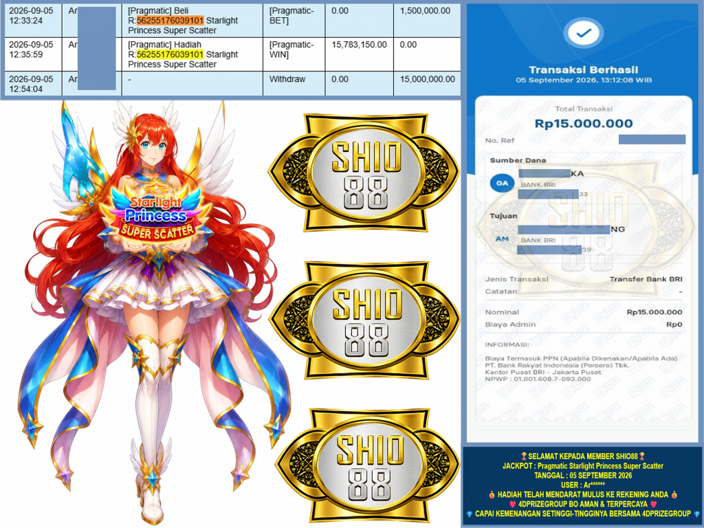 SHIO88 JACKPOT PRAGMATIC “Starlight Princess Super Scatter” Rp.15.000.000,-LUNAS
