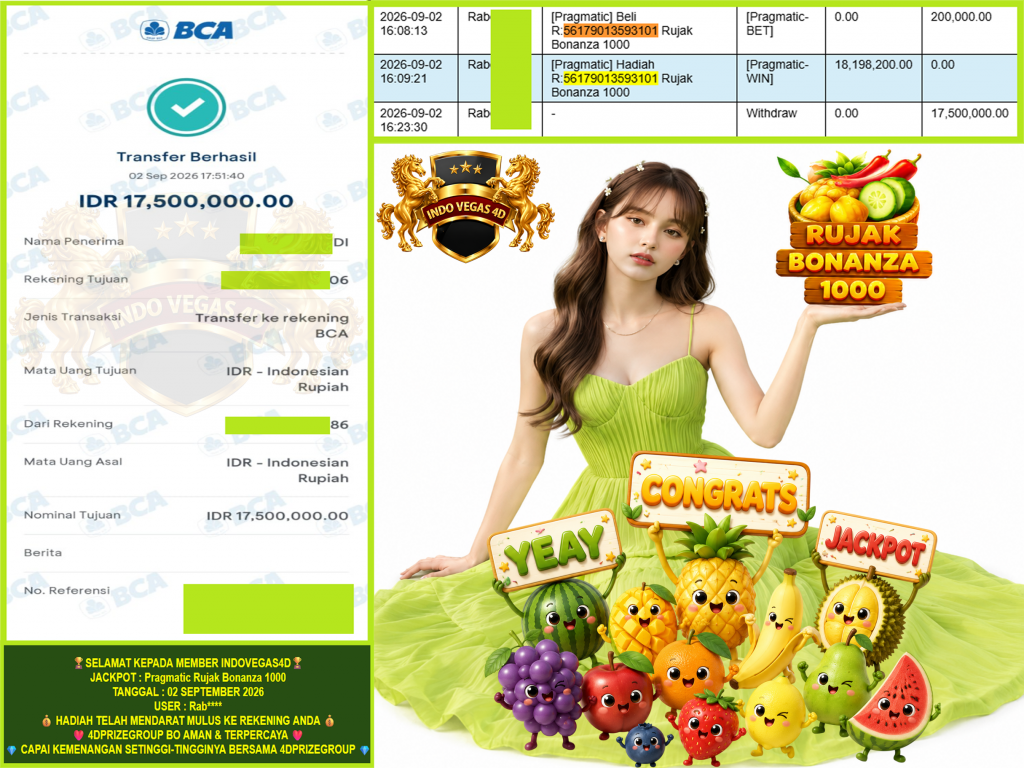 INDOVEGAS4D JACKPOT PRAGMATIC “Rujak Bonanza 1000” Rp.17.500.000,-LUNAS