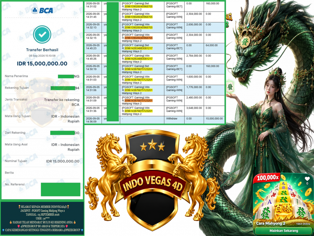 INDOVEGAS4D JACKPOT PGSOFT Gaming “Mahjong Ways 2″ Rp.15.000.000,-LUNAS