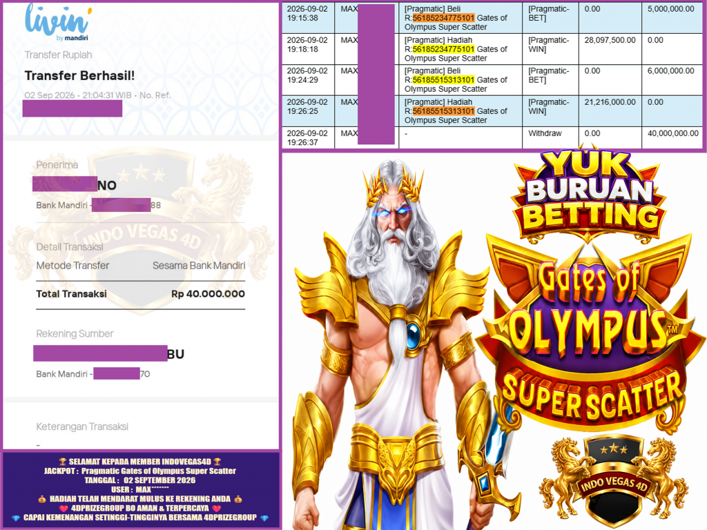 INDOVEGAS4D JACKPOT PRAGMATIC “Gates of Olympus Super Scatter” Rp.40.000.000,-LUNAS