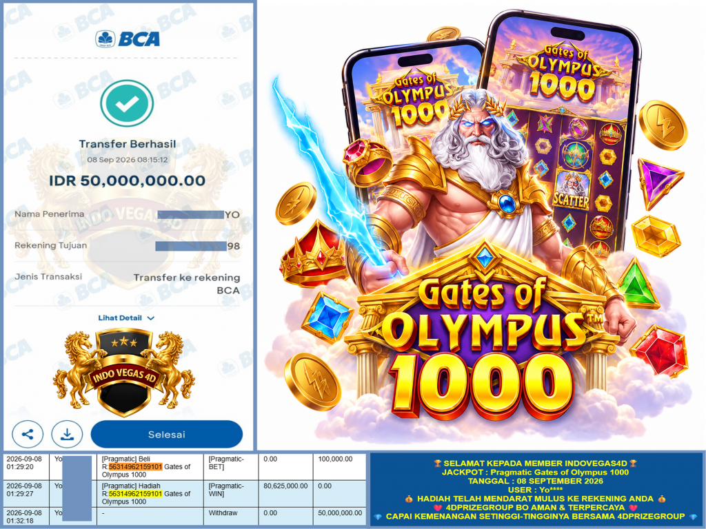 INDOVEGAS4D JACKPOT PRAGMATIC “Gates of Olympus 1000” Rp.50.000.000,-LUNAS