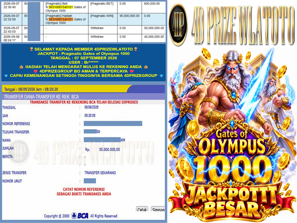 4DPRIZEWLATOTO JACKPOT PRAGMATIC “Gates of Olympus 1000” Rp.90.000.000,-LUNAS