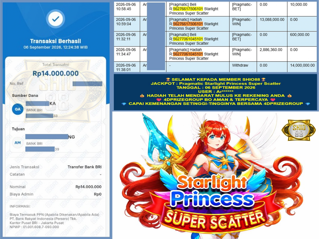 SHIO88 JACKPOT PRAGMATIC “Starlight Princess Super Scatter” Rp.14.000.000,-LUNAS