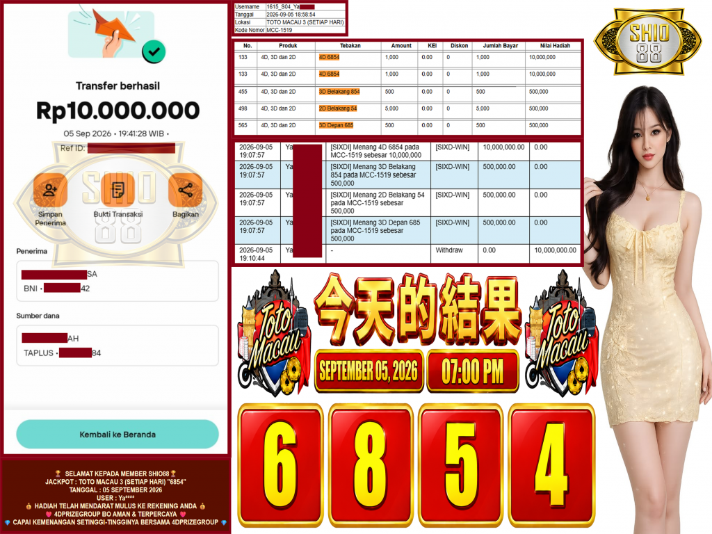 SHIO88 JACKPOT TOTO MACAU 3 (SETIAP HARI) “6854” Rp.10.000.000 ,- LUNAS
